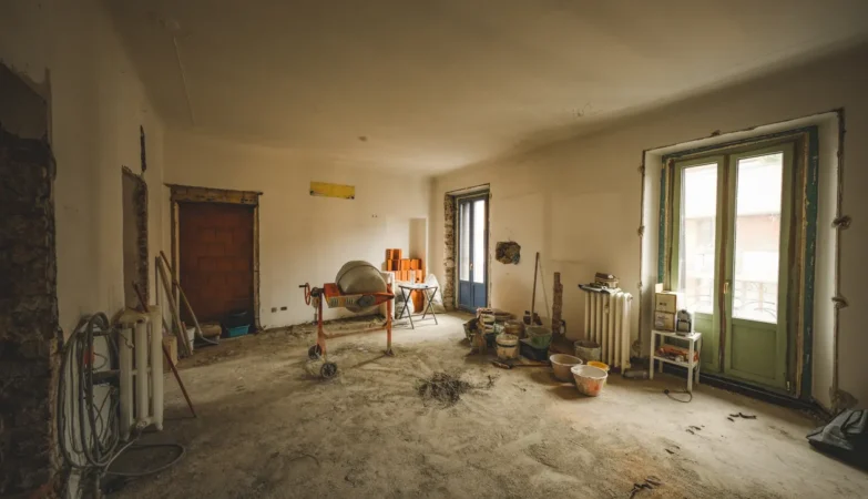 Room under renovation with tools ready for wall preparation