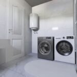 Modern utility room with washing machine and tiled flooring