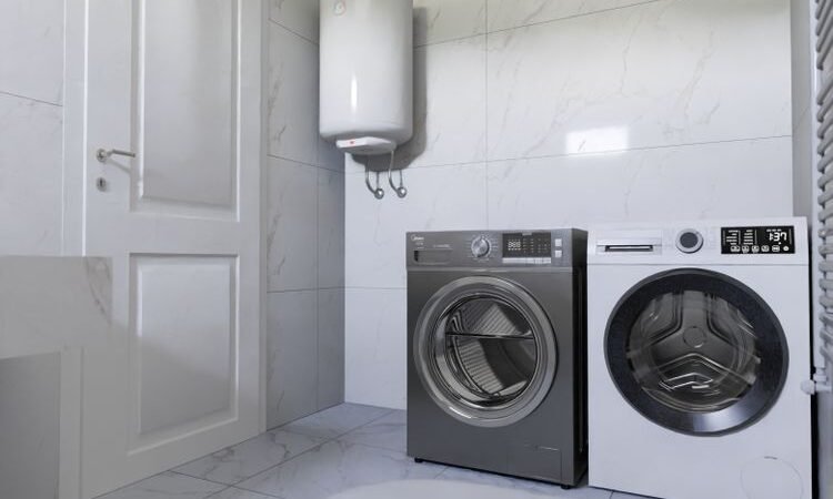 Modern utility room with washing machine and tiled flooring