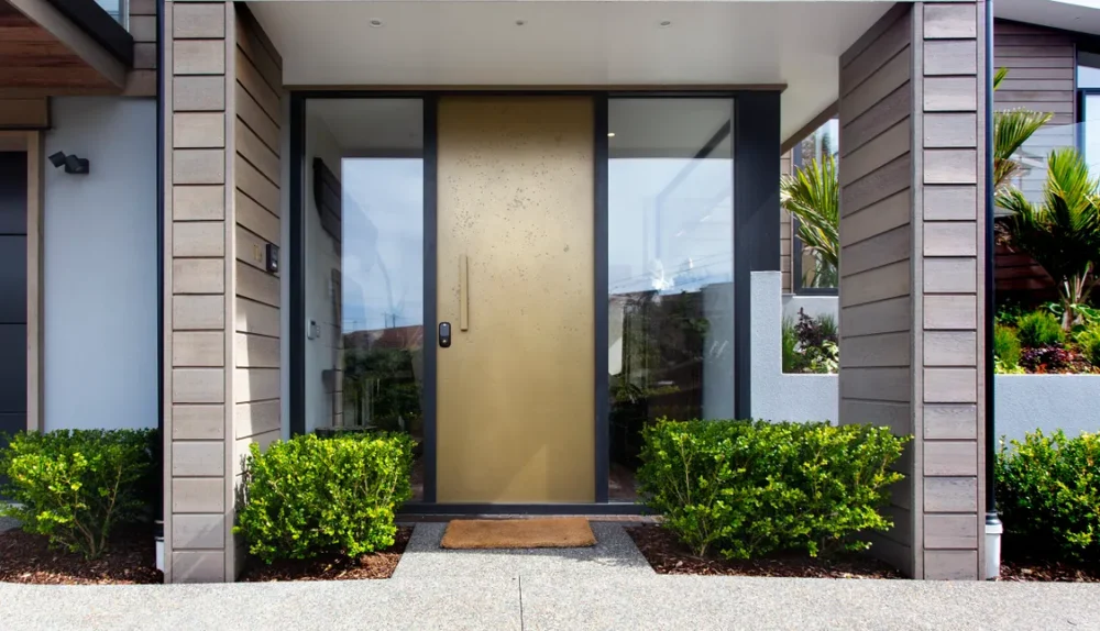 Modern house front entrance with composite front door