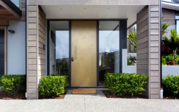 Modern house front entrance with composite front door