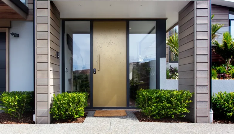 Modern house front entrance with composite front door