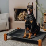 Doberman dog resting on a bed in a stylish living room