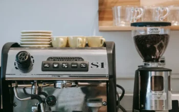 Espresso machine and grinder on a kitchen countertop