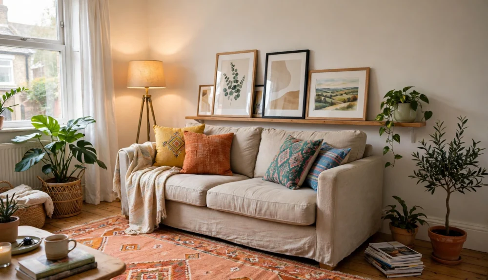 Rented living room in a UK home decorated with removable art, a large rug, plants and a floor lamp, with no permanent changes