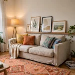 Rented living room in a UK home decorated with removable art, a large rug, plants and a floor lamp, with no permanent changes