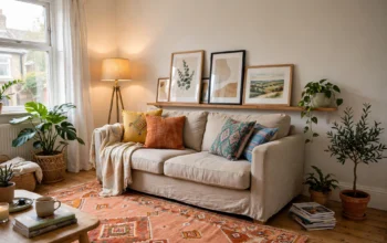 Rented living room in a UK home decorated with removable art, a large rug, plants and a floor lamp, with no permanent changes