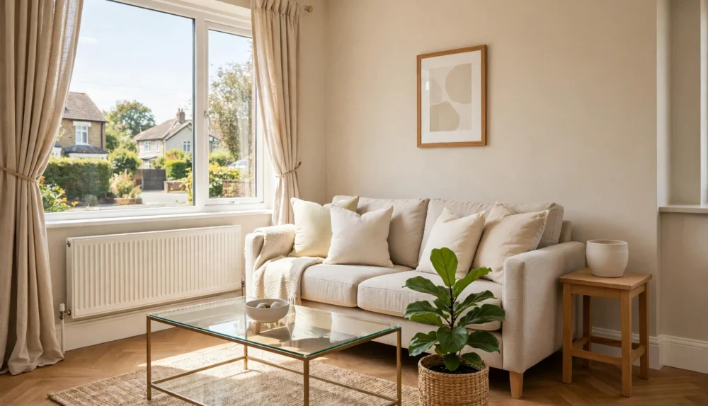 Staged living room in a UK home ready for sale photographs, with a neutral sofa, light cushions, a clear coffee table and daylight from open curtains