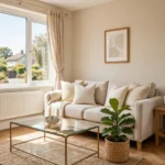 Staged living room in a UK home ready for sale photographs, with a neutral sofa, light cushions, a clear coffee table and daylight from open curtains