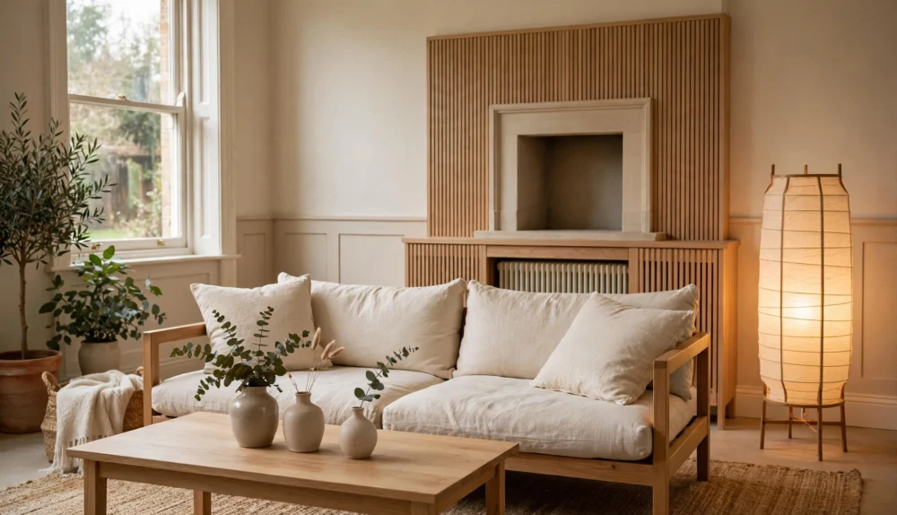 Japandi living room in a UK home with a low wooden sofa, linen cushions, an oak coffee table, a jute rug and a warm paper floor lamp