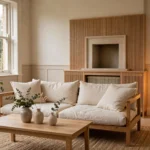 Japandi living room in a UK home with a low wooden sofa, linen cushions, an oak coffee table, a jute rug and a warm paper floor lamp