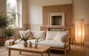 Japandi living room in a UK home with a low wooden sofa, linen cushions, an oak coffee table, a jute rug and a warm paper floor lamp