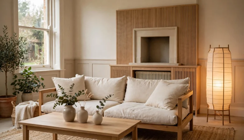 Japandi living room in a UK home with a low wooden sofa, linen cushions, an oak coffee table, a jute rug and a warm paper floor lamp