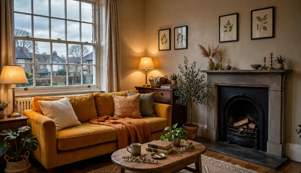 North-facing living room in a UK home with warm greige walls, an ochre sofa and warm lamp light
