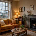 North-facing living room in a UK home with warm greige walls, an ochre sofa and warm lamp light