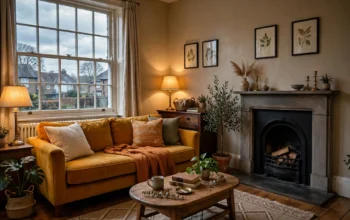 North-facing living room in a UK home with warm greige walls, an ochre sofa and warm lamp light