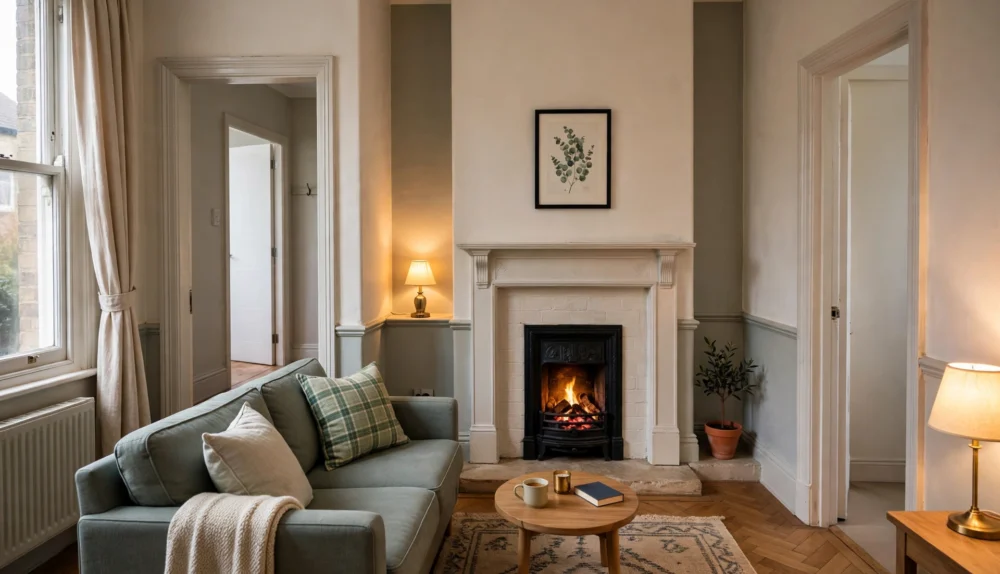 Small living room layout in a UK terraced house with a compact sofa, clear walkways and a rug under the sofa feet