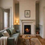 Small living room layout in a UK terraced house with a compact sofa, clear walkways and a rug under the sofa feet