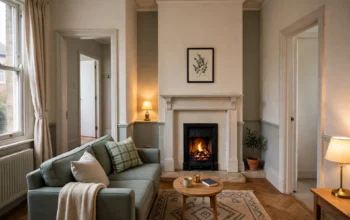 Small living room layout in a UK terraced house with a compact sofa, clear walkways and a rug under the sofa feet