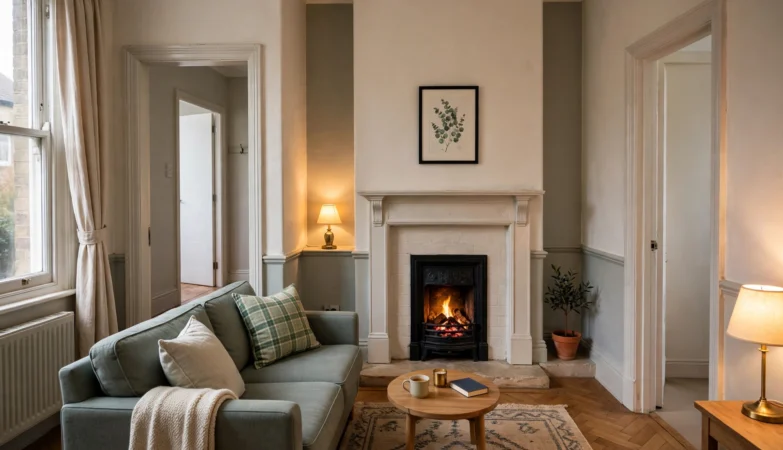 Small living room layout in a UK terraced house with a compact sofa, clear walkways and a rug under the sofa feet