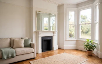 Staged living room in a UK terraced house with neutral colours and natural light