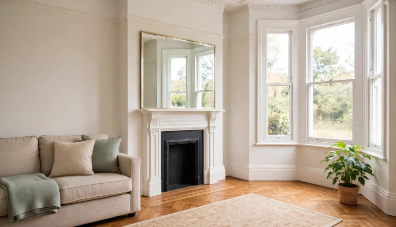 Staged living room in a UK terraced house with neutral colours and natural light